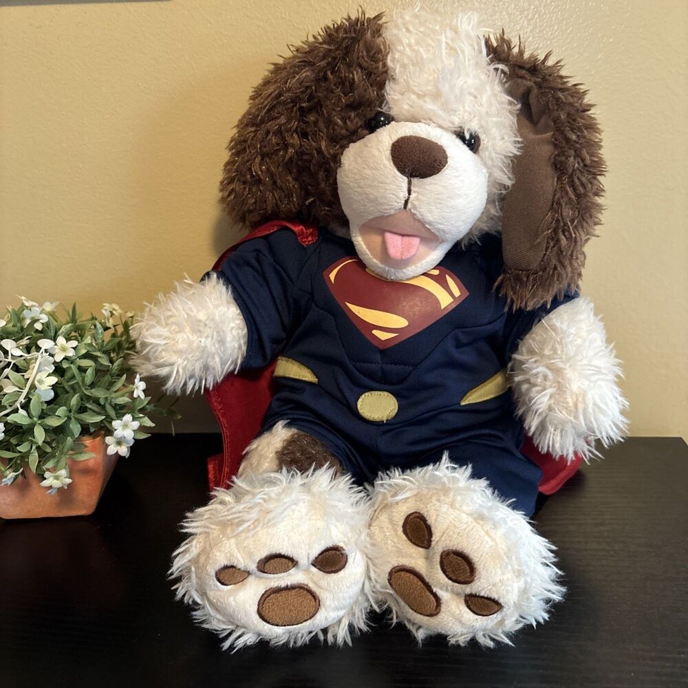 Build A Bear 2013 Dog Puppy Spotted Shaggy Stuffed 15” Plush W/Superman Outfit